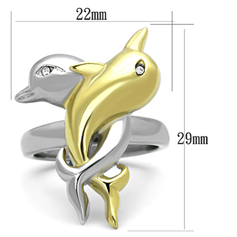 Womens Stainless Steel 316 Two Toned Plated Crystal Dolphin Fashion Ring Image 2