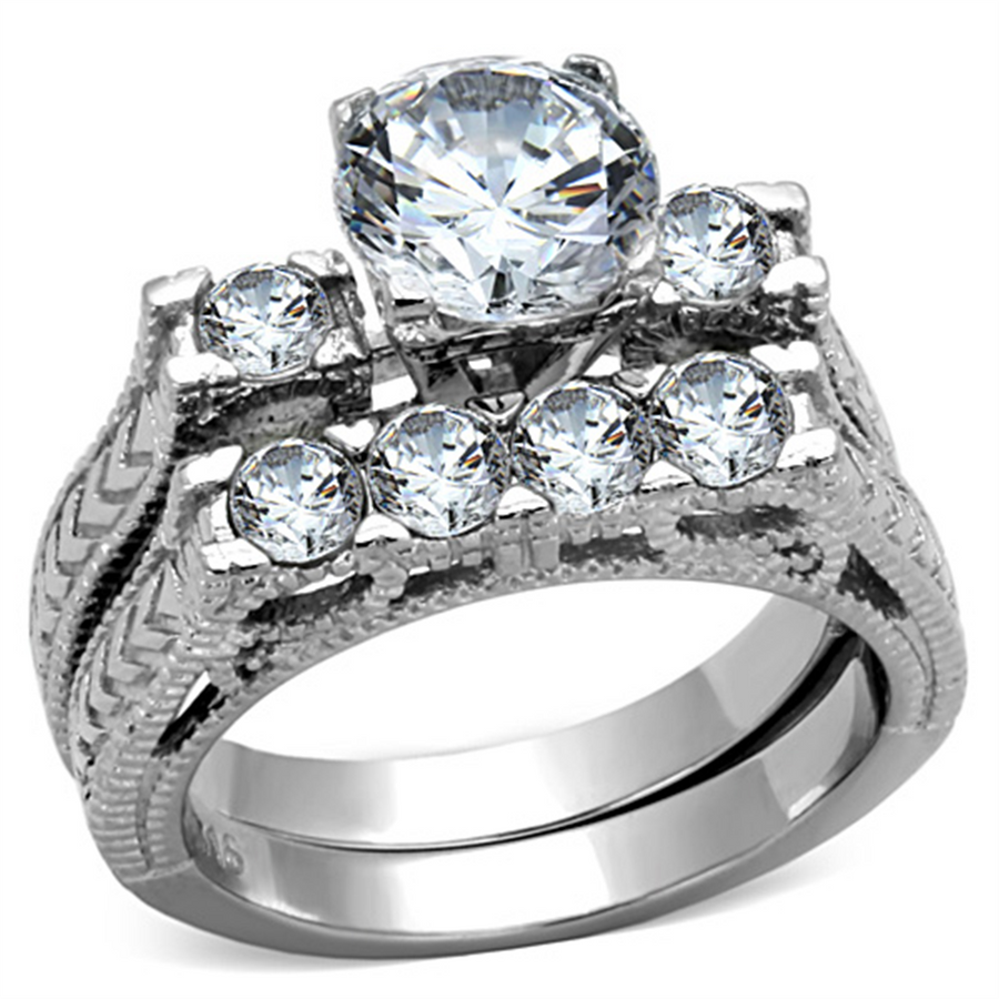 Womens Stainless Steel 316 Round Cut Cubic Zirconia Vintage Wedding Ring Set Image 1