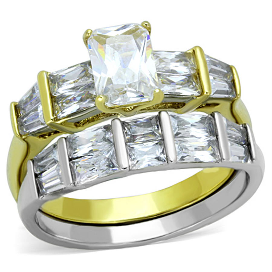3.76 Ct Emerald Cut Cz Two Toned Ip Wedding Engagement Ring Set Womens Sz 5-10 Image 1