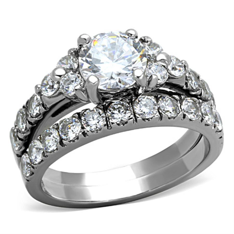 2.50 Ct Round Cut Zirconia Silver Stainless Steel Wedding Ring Set Womens Size 5-10 Image 1
