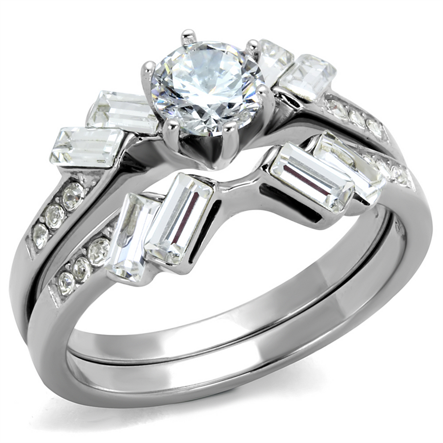 1.65 Ct Round and Baguette Cut Cz Stainless Steel Wedding Ring Set Womens Size 5-10 Image 1