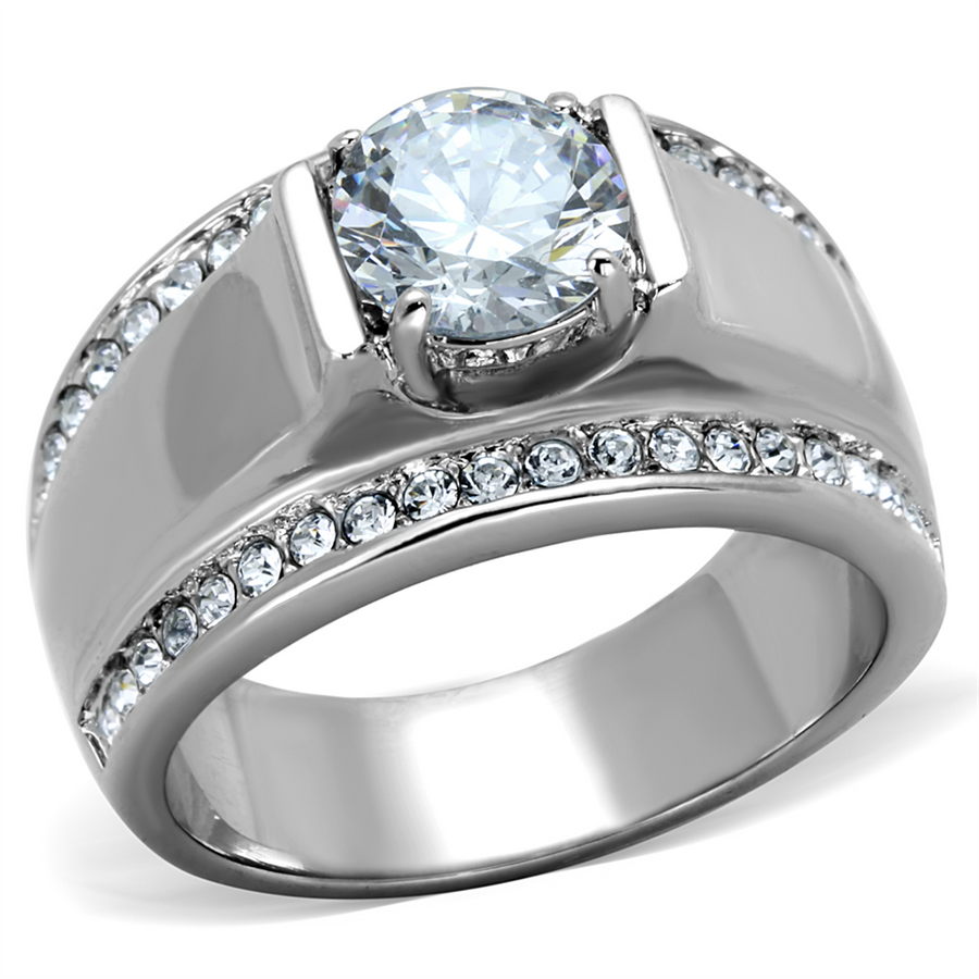 Mens 2.25 Ct Round Cut Simulated Diamond Silver Stainless Steel Ring Sizes 8-13 Image 1