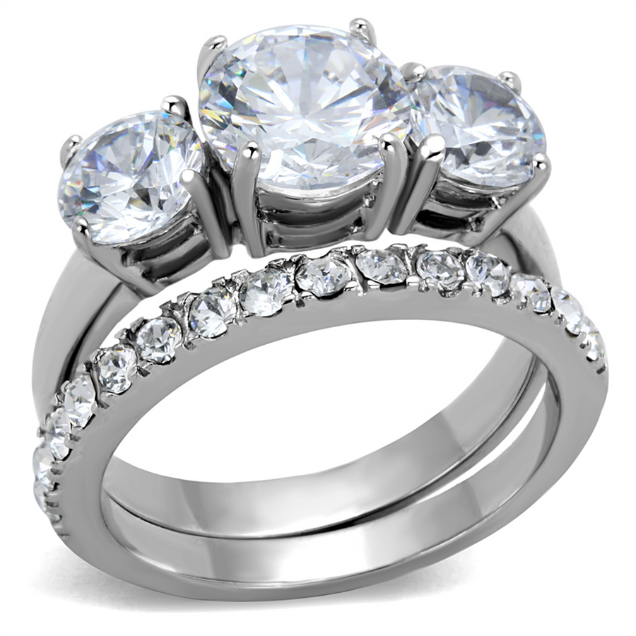 4.17Ct Round Cut 3 Stone Stainless Steel Engagement and Wedding Ring Set Size 5-10 Image 1