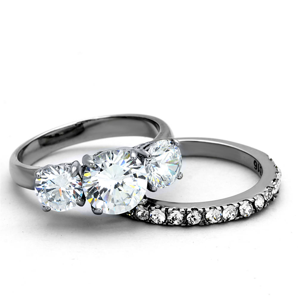 4.17Ct Round Cut 3 Stone Stainless Steel Engagement and Wedding Ring Set Size 5-10 Image 2
