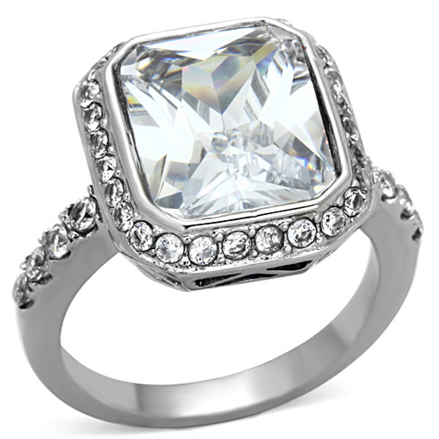 6.38 Ct Halo Emerald Cut Zirconia Stainless Steel Engagement Ring Womens Sz 5-10 Image 1