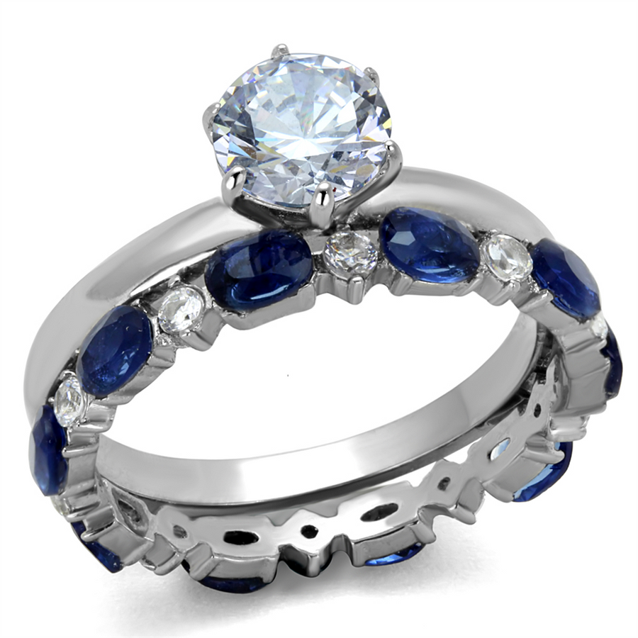 2.25 Ct Round Cut Clear and Blue Cz Stainless Steel Wedding Set Womens Size 5-10 Image 1