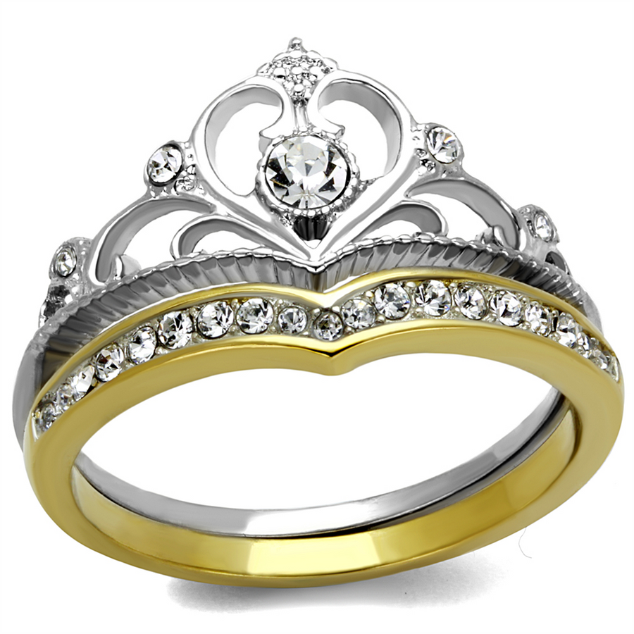 2 Tone Princess Royalty Crystal Crown Stainless Steel Wedding Ring Set Size 5-10 Image 1