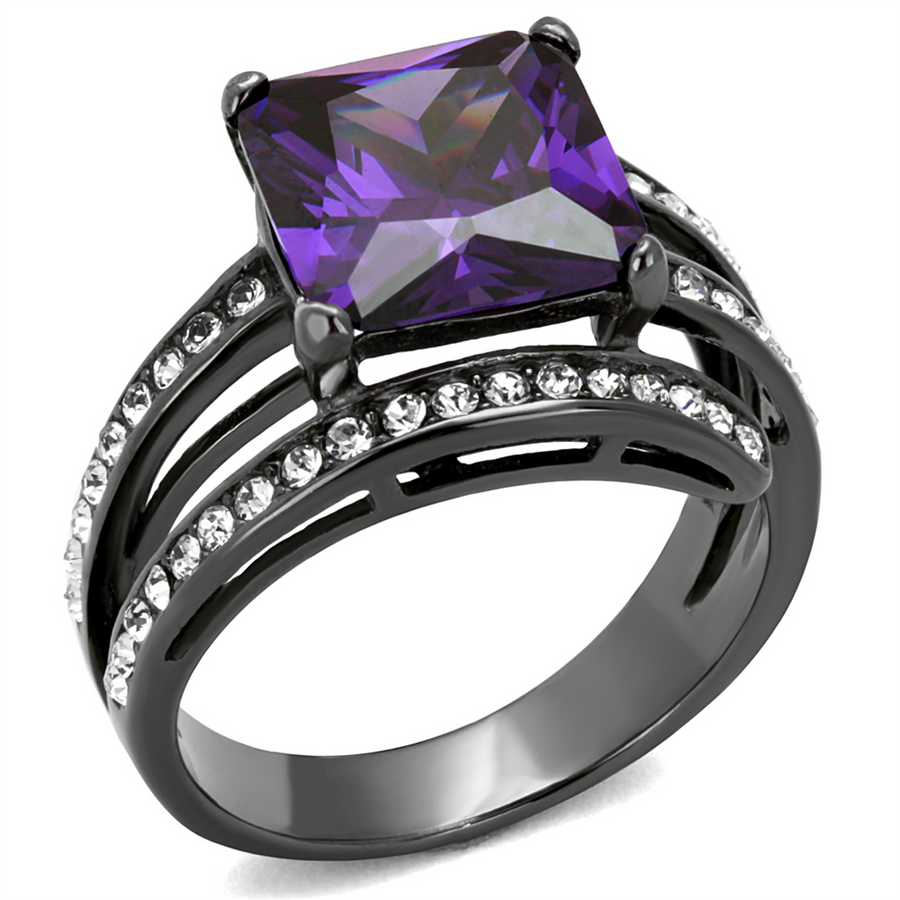 6.85Ct Princess Cut Amethyst Zirconia Light Black Plated Cocktail Ring Size 5-10 Image 1
