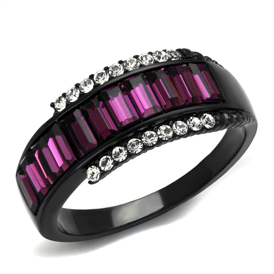 1.9 Ct Amethyst and Clear Crystal Black Stainless Steel Fashion Ring Women Sz 5-10 Image 1