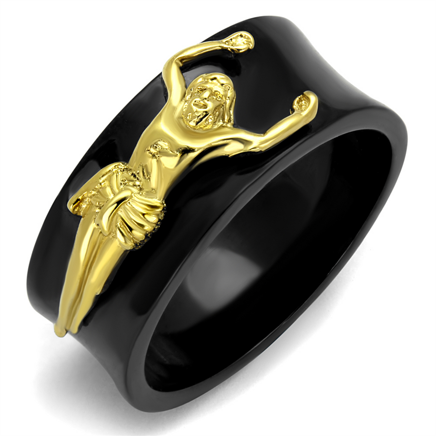 Mens Stainless Steel Black and Gold Plated Jesus Christ Ring Religious Band 8-13 Image 1