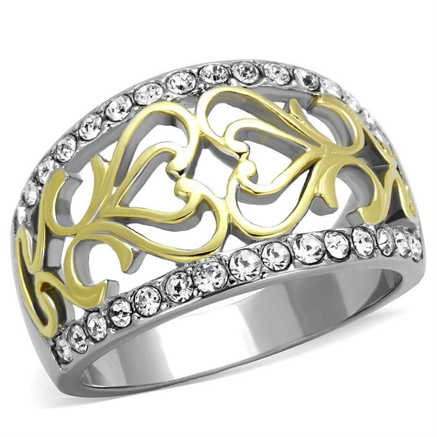Womens Stainless Steel Two Toned 14K Gold Plated Celtic Crystal Anniversary Ring Image 1