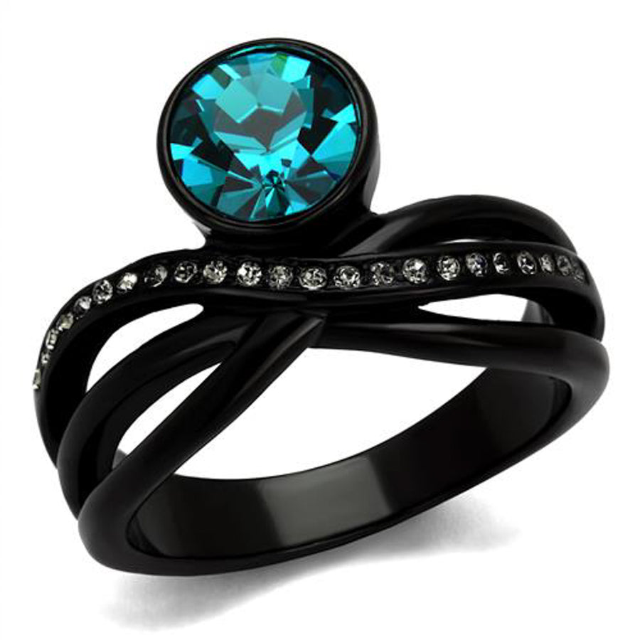 Womens 2.1 Ct Blue Zircon Crystal Black Stainless Steel Engagement Ring Sz 5-10 Image 1