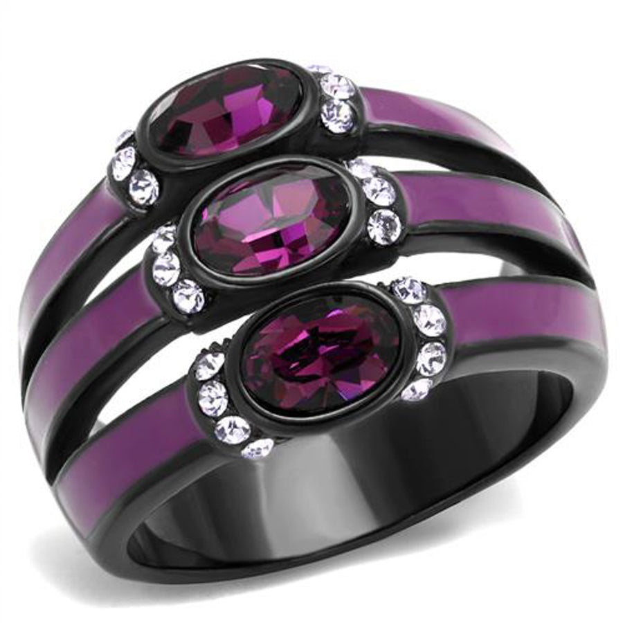 Womens Black and Purple Stainless Steel Amethyst Crystal Fashion Ring Size 5-10 Image 1