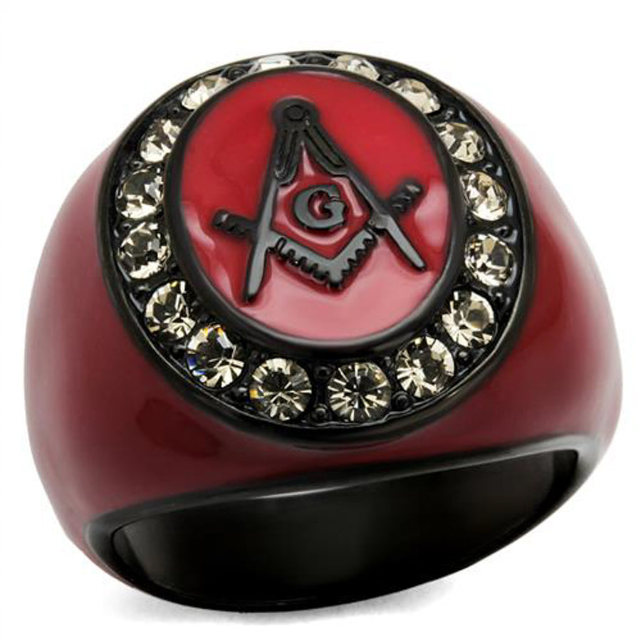 Stainless Steel Red and Black Ion Plated Crystal Masonic Freemason Ring Sz 8-13 Image 1