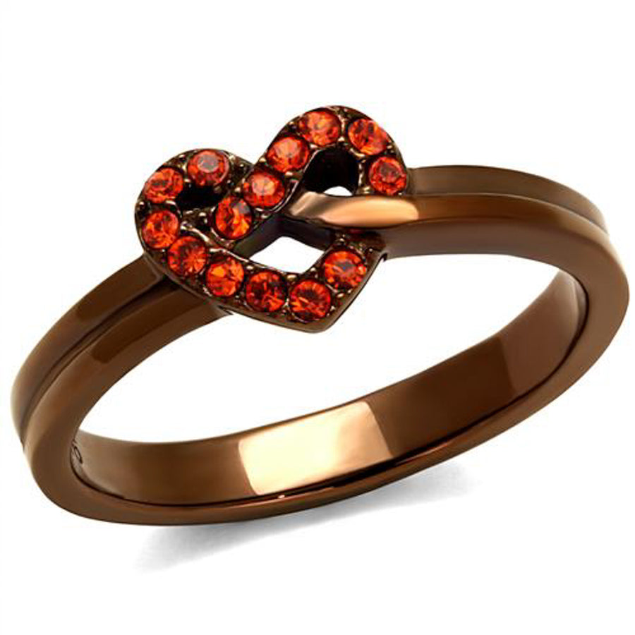 Light Coffee Stainless Steel and Orange Crystal Heart Fashion Ring Womens Sz 5-10 Image 1