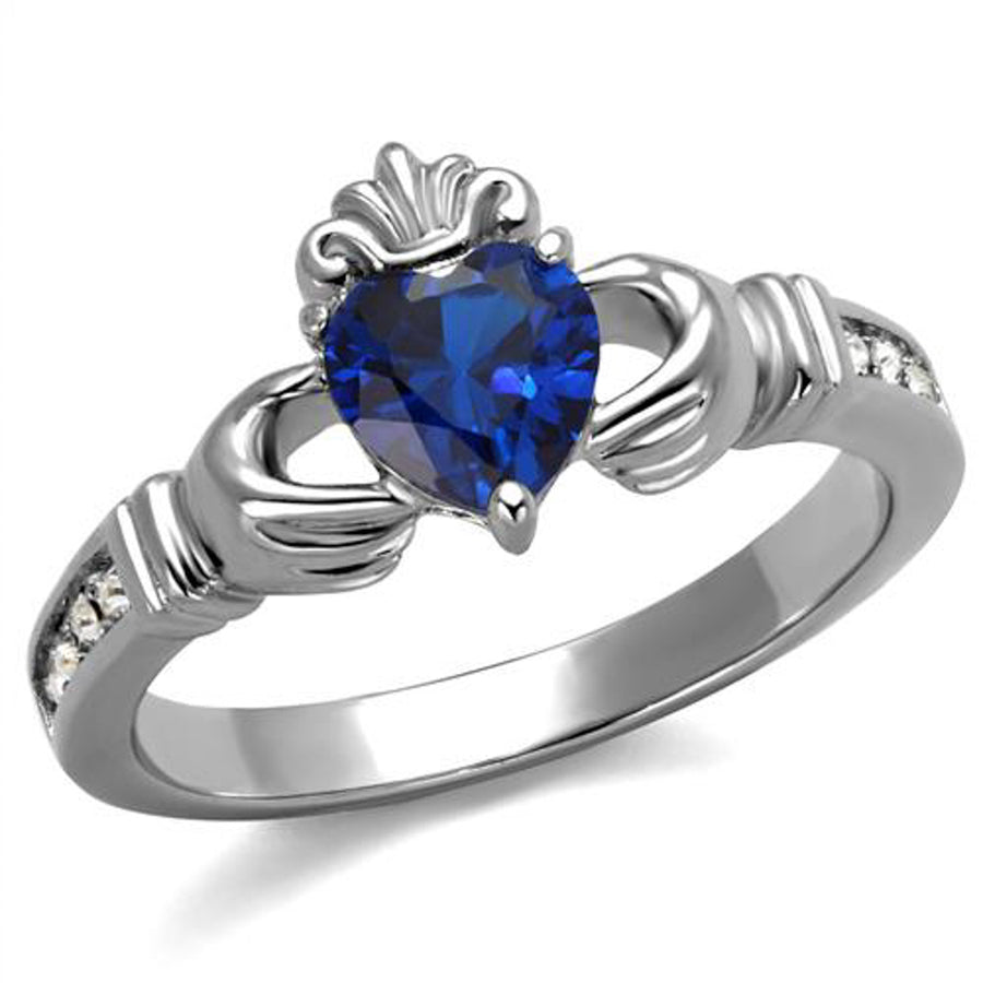 Heart Shape London Blue Cz Stainless Steel Irish Claddagh Ring Womens Size 5-10 Image 1