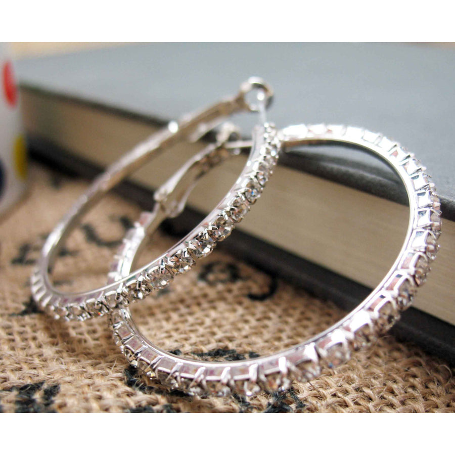 Women Sparkling Gem Hoop Earrings Silver Tone White Crystals Hoop Earrings Silk Road Jewelry Image 1