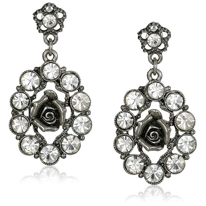 Silver Tone Statement Earrings Crystal Oval Flower Rose Drop Earrings Earrings Silk Road Jewelry Image 1
