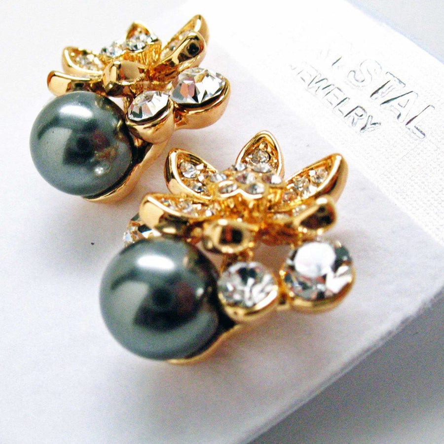 Earrings Gold Grey Porcelain Crysal Encrusted Pearl Stud Post Earrings Silk Road Collection Jewelry Image 1