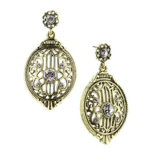 Vintage Estate Antique Brass w White Crystal Drop Earrings Downton Abbey Jewelry Image 1