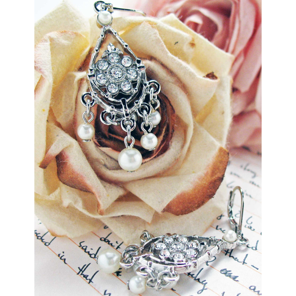 For My Darling Earrings Crystal and Pearl Chandelier Pearl Drop Silver Toned Earrings Silk Road Jewelry Image 2