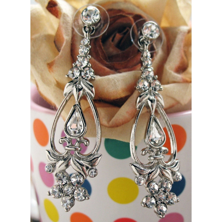 Drop Wedding Earrings Silver Tone Shinning Crystals White Drop Earrings Silk Road Jewelry Image 1