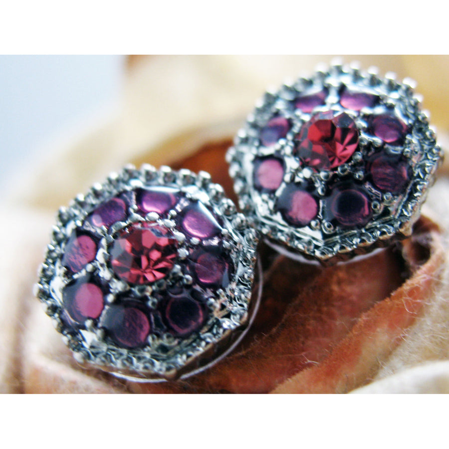 Vintage Sparkle Rose Earrings Silver Tone White Marroon Purple Crystals Stud Earrings Silk Road Jewelry Image 1