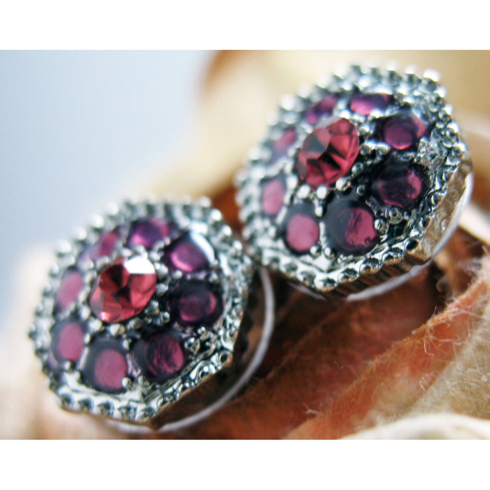 Vintage Sparkle Rose Earrings Silver Tone White Marroon Purple Crystals Stud Earrings Silk Road Jewelry Image 2