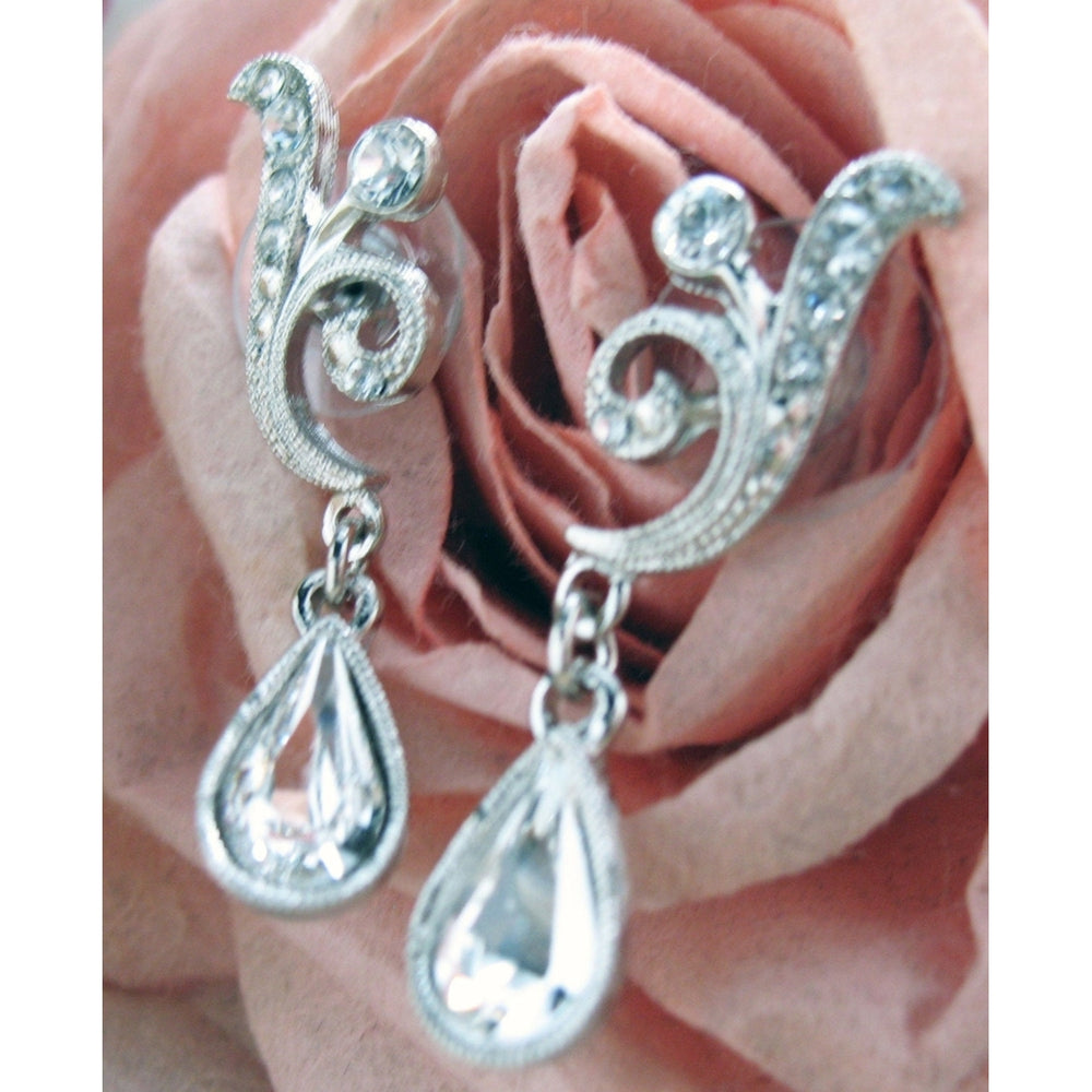 Vintage Silver Wedding Earrings Silver Tone Sparkling Crystals Wedding Drop Earrings Silk Road Jewelry Image 2