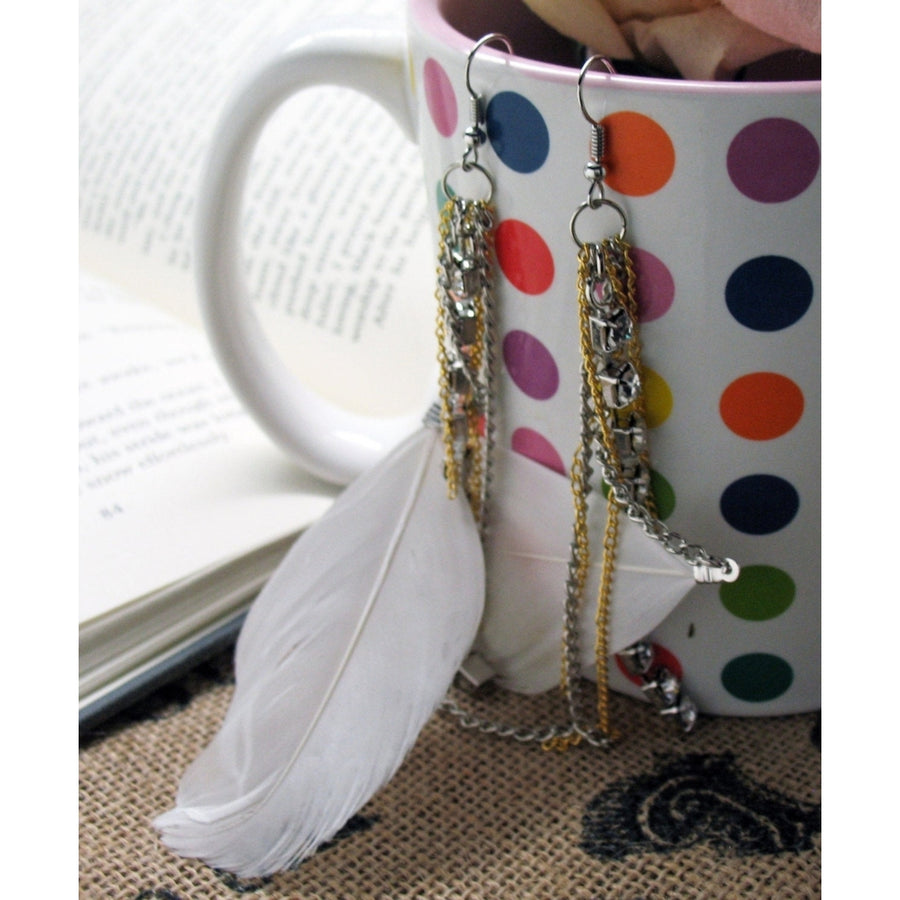 White Feather Earrings Silver Sparkling Crystals Fan Gold Chains Earrings Womens Jewelry Image 1