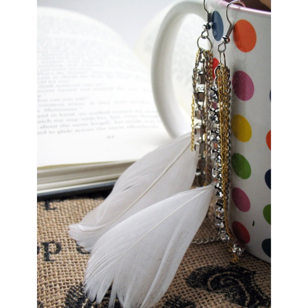 White Feather Earrings Silver Sparkling Crystals Fan Gold Chains Earrings Womens Jewelry Image 2