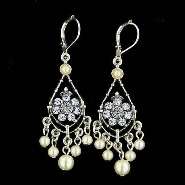 Vintage Bridal Earrings Silver Tone Sparkling Crystals and Pearsl Wedding Dangle Spring Wedding Collection Jewelry Image 1