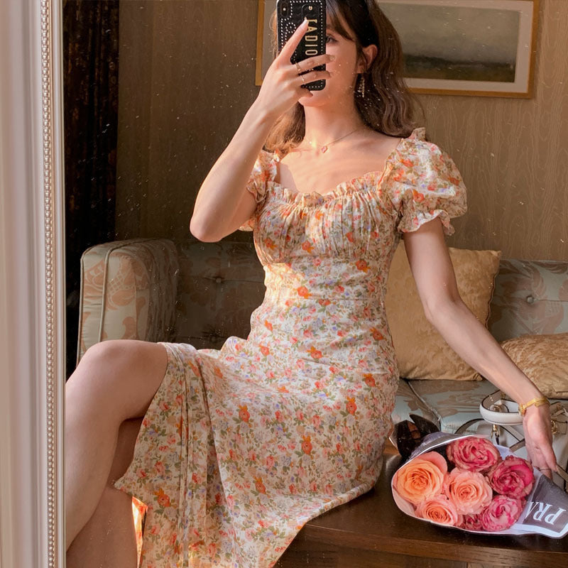 Summer  square collar lace dress early summer and sweet orange floral series bubble short sleeve long skirt female Image 2