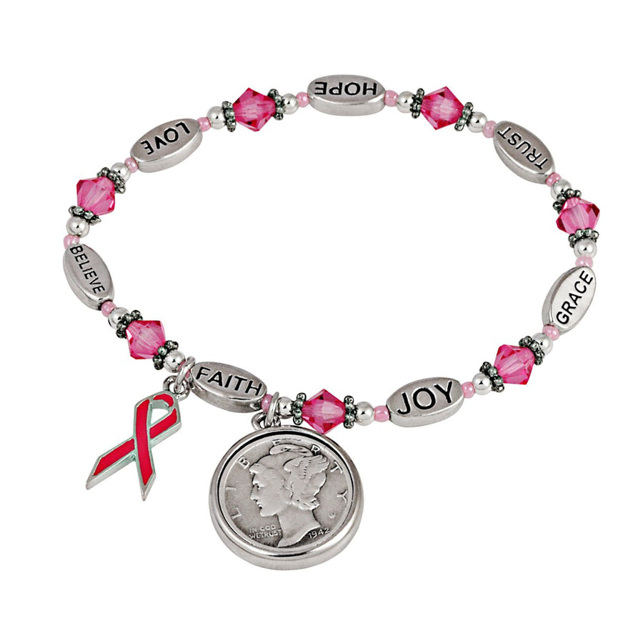 Silver Mercury Dime Survivor Pink Ribbon Charm Bracelet Image 1