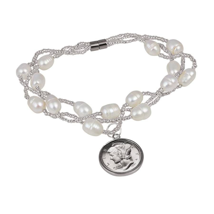 White Cultured Freshwater Pearl Mercury Dime Bracelet Image 1