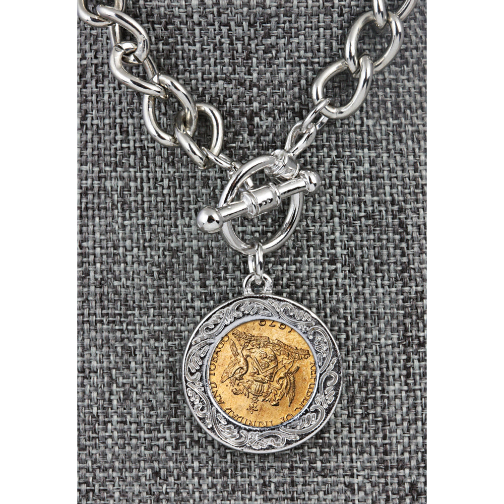 24KT Gold Plated Hummingbird Coin Silvertone Toggle Bracelet Image 2