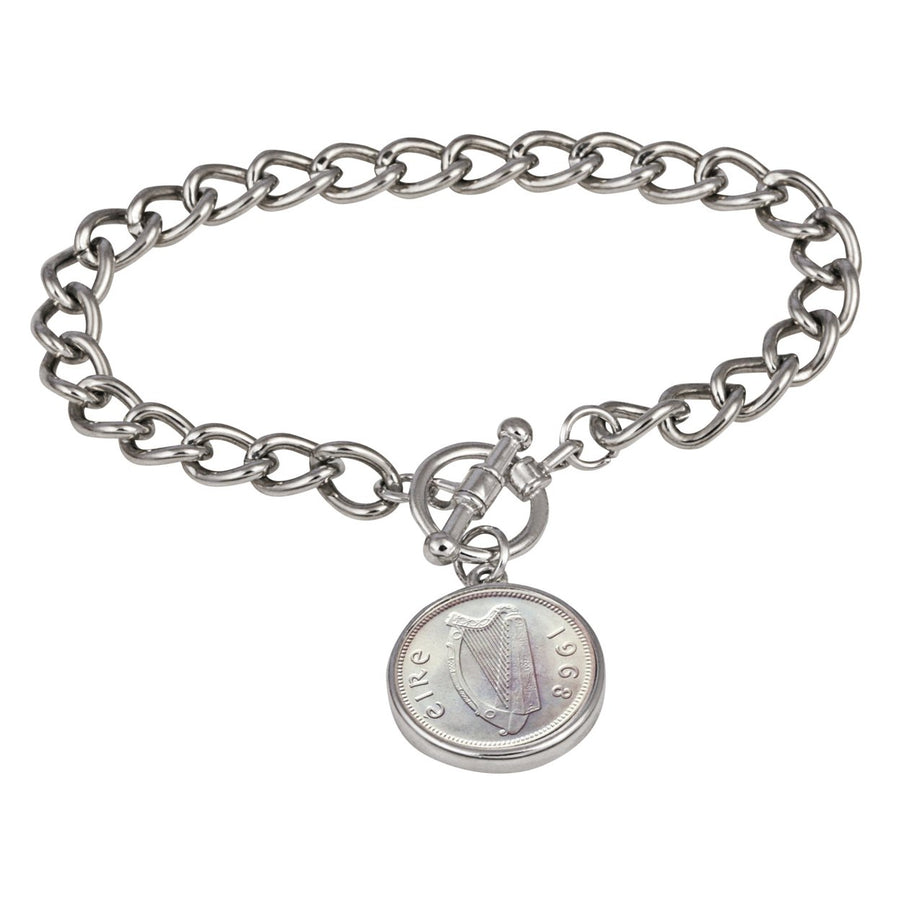 Irish Threepence Coin Silvertone Toggle Bracelet Image 1