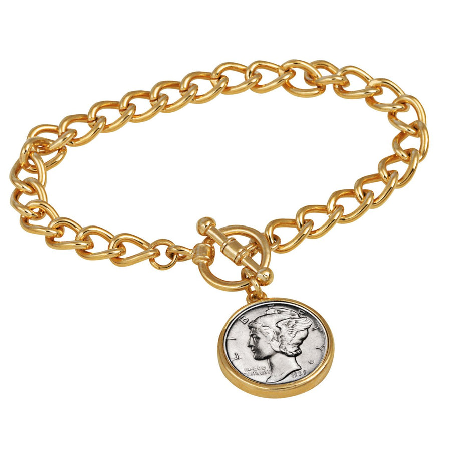 Silver Mercury Dime Goldtone Coin Toggle Bracelet Image 1