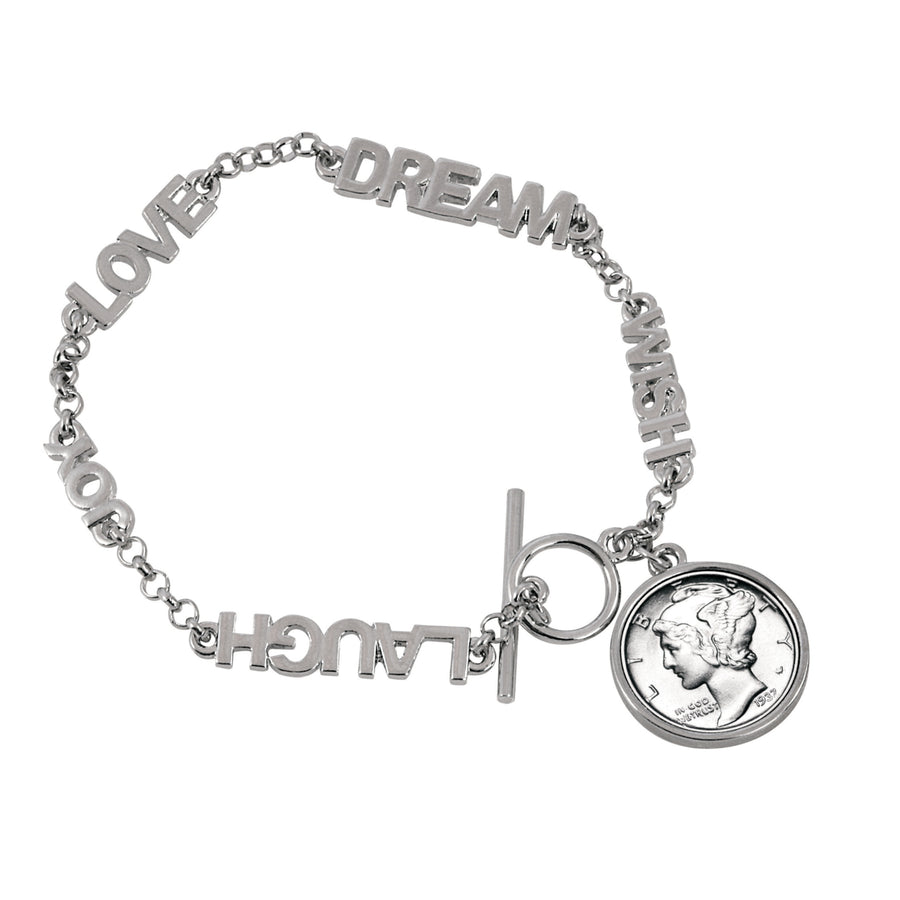 Silver Mercury Dime Inspirational Dream Wish Love Laugh Joy Coin Bracelet Image 1