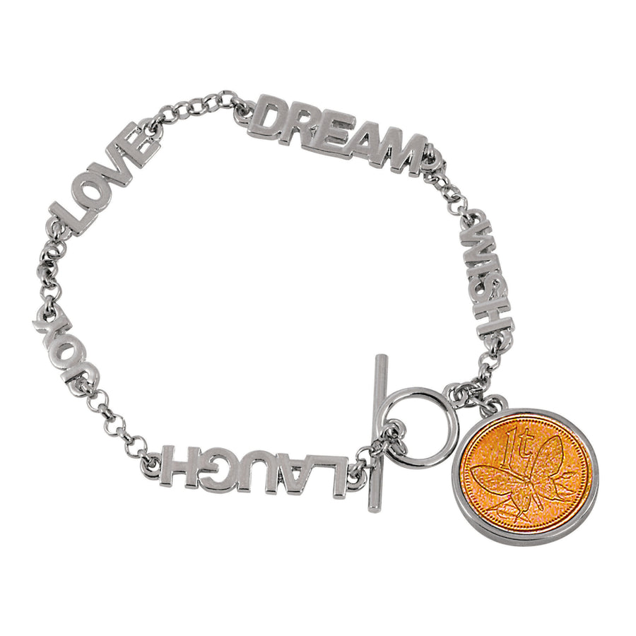 Inspirational Dream Wish Love Laugh Joy Butterfly Coin Toggle Coin Bracelet Image 1