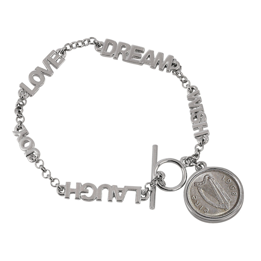 Inspirational Dream Wish Love Laugh Joy Irish Threepence Coin Toggle Coin Bracelet Image 1