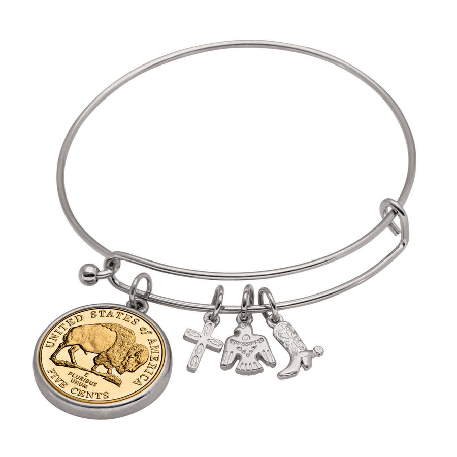 Western Charm Silver Tone Gold Layered Bison Nickel Coin Bangle Bracelet Image 1