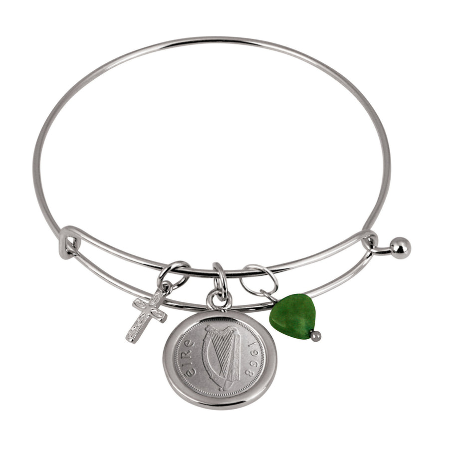 Irish Three Pence Cross and Heart Silver Tone Coin Bangle Bracelet Image 1