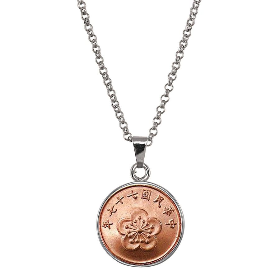 Lucky Taiwan Blossom Coin Silvertone Pendant Necklace Image 1