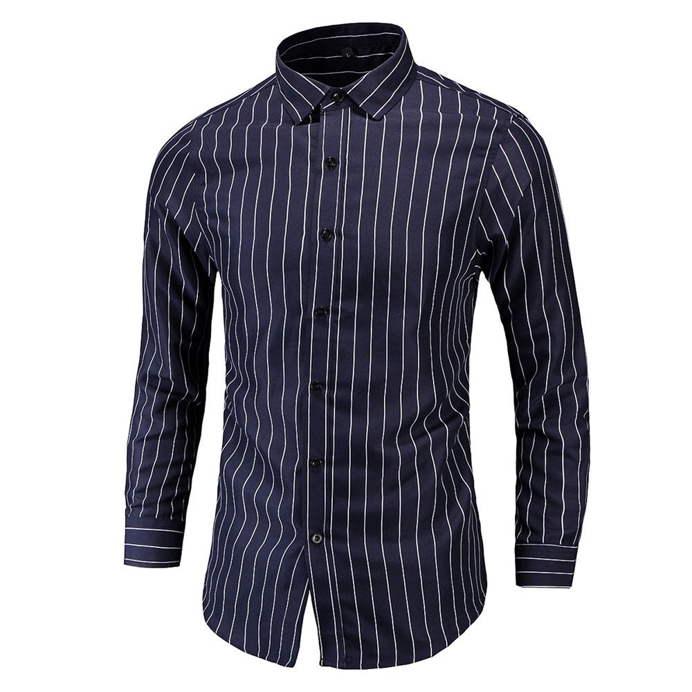 Men Classic Casual Vertical Striped Long Sleeve Dress Shirts Image 2