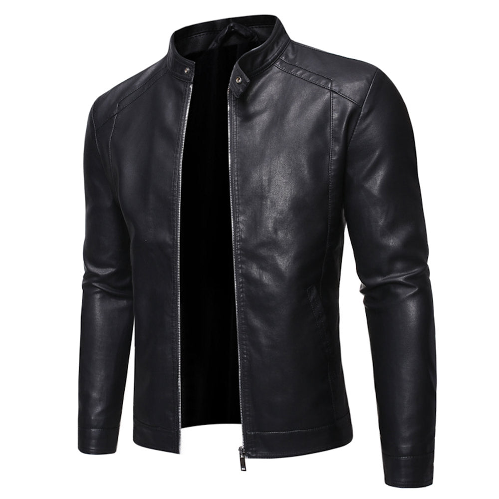 Men Jackets Stand Collar Zip Faux Leather Motorcycle Biker Jacket Image 2