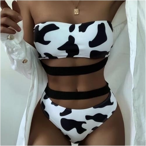 Cow Print Split Swimsuit Solid Color Sexy Bikini Image 1