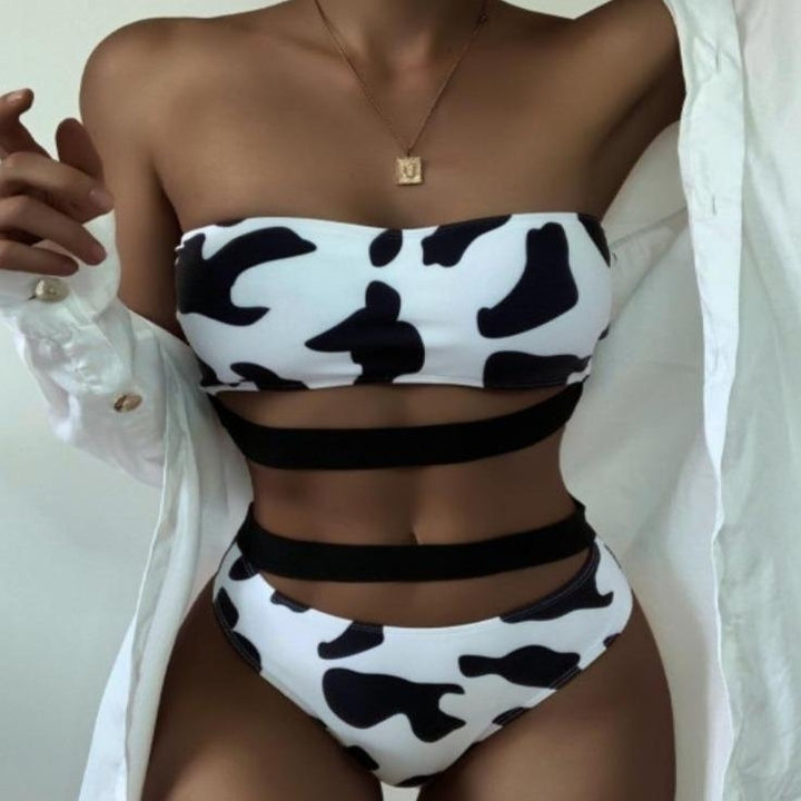 Cow Print Split Swimsuit Solid Color Sexy Bikini Image 3