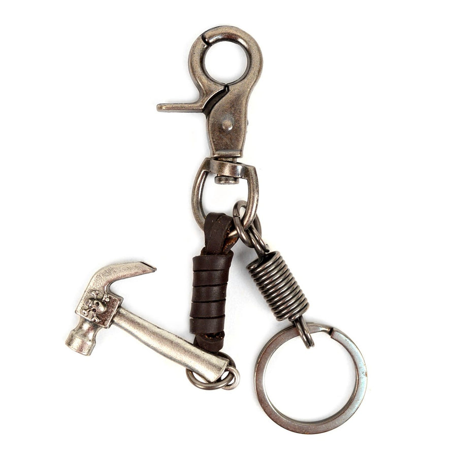 Biker Hammer Skull Keychain Genuine Leather and Metal Crossbones Fancy Key Ring Image 1