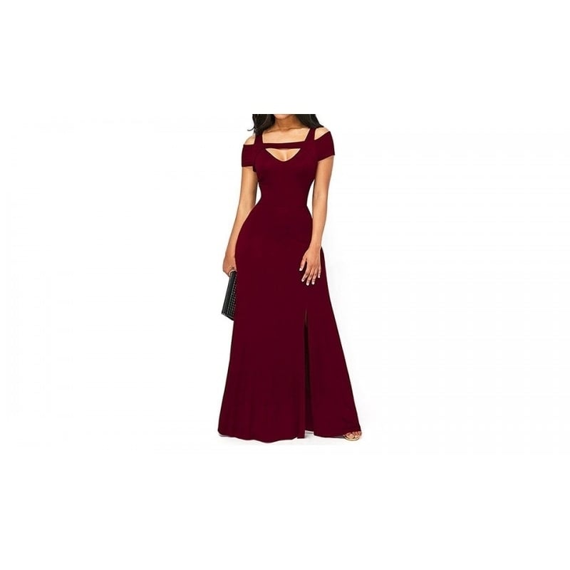EI Contente Fabiana Cold Shoulder Maxi Dress - Burgundy M (FS-2XL) Image 1